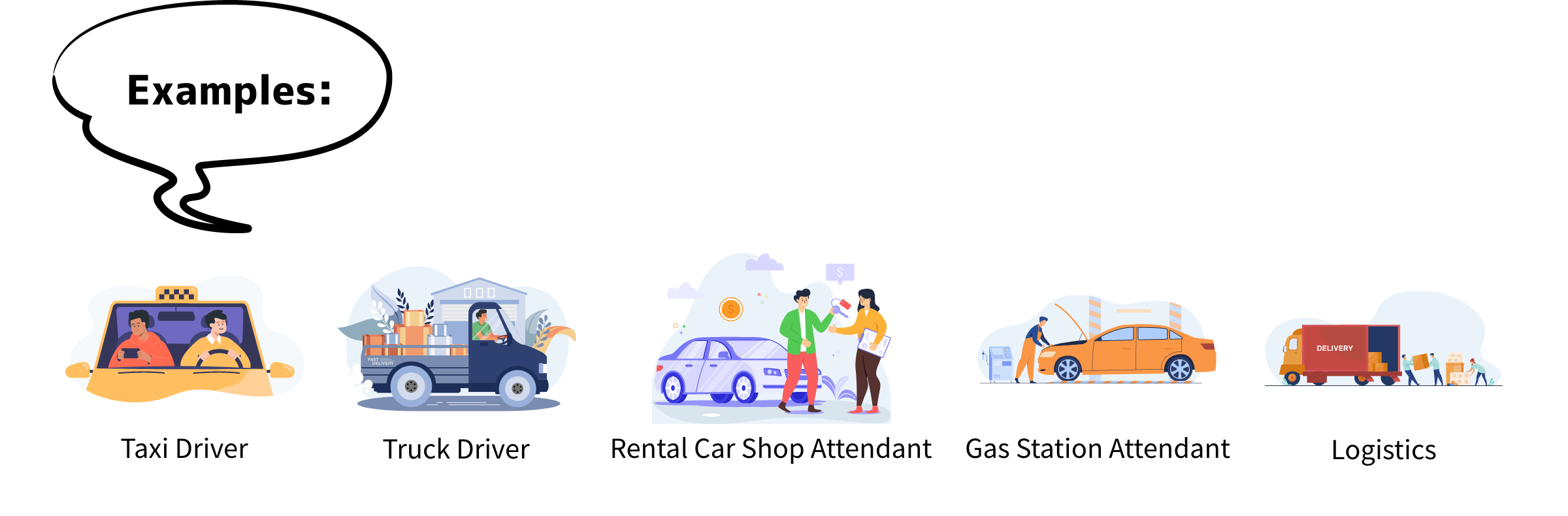 Examples:Taxi Driver／Truck Driver／Rental Car Shop Attendant／Gas Station Attendant／Logistics