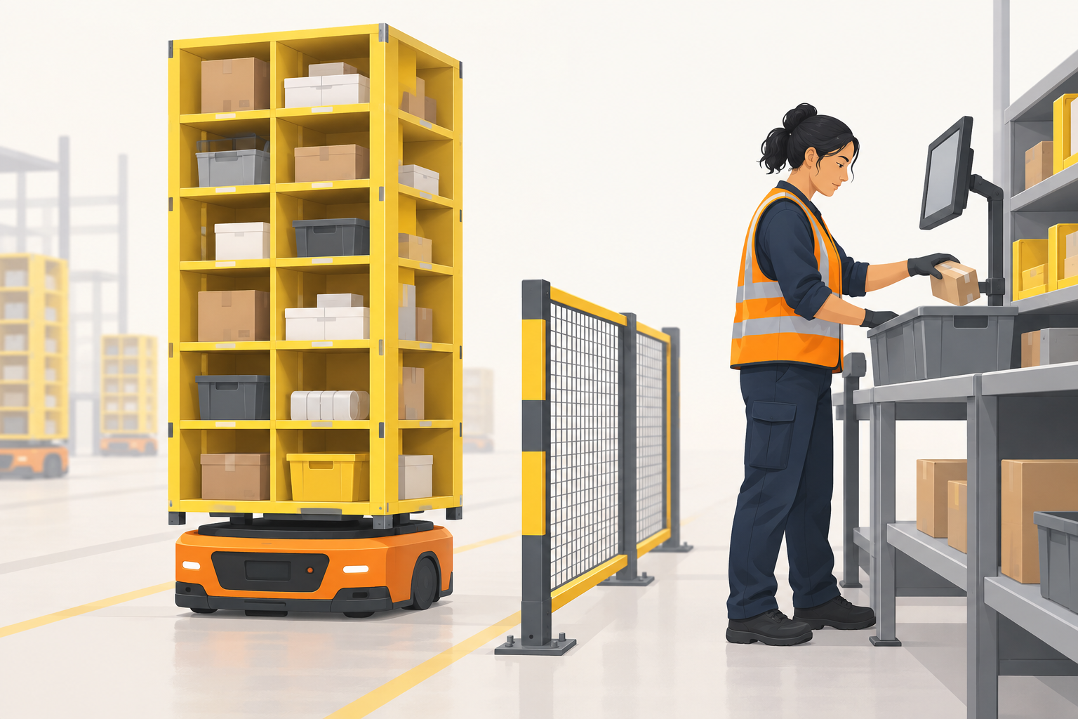 Illustration of a robot carrying a storage shelf and a worker picking an item at a workstation.