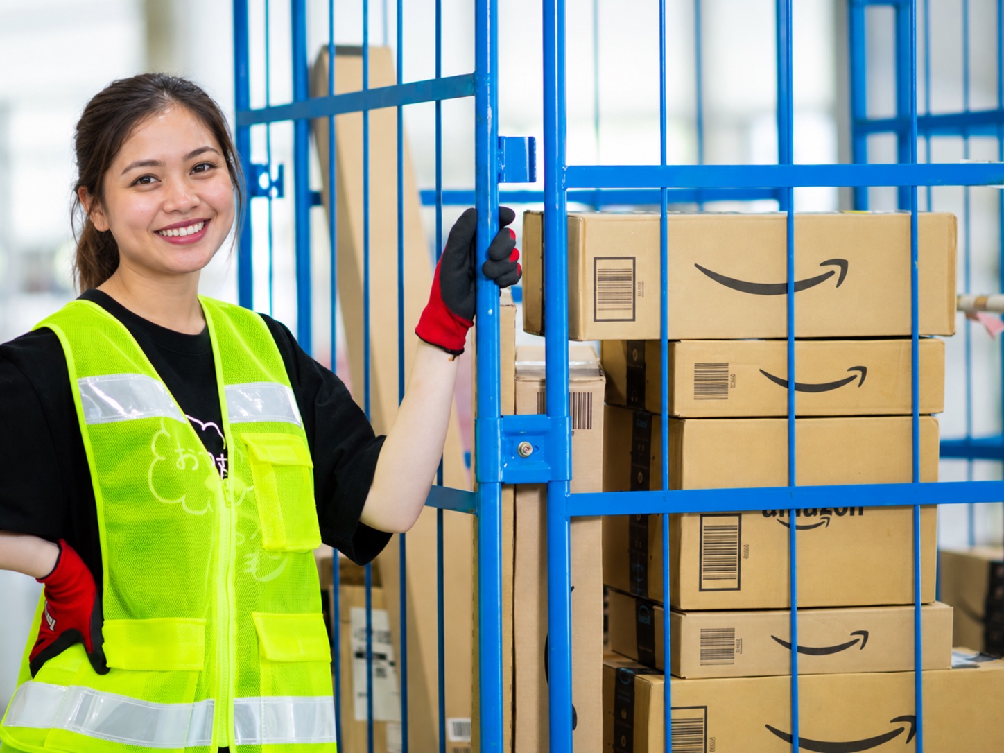 Warehouse staff member beside a trolley of Amazon parcels